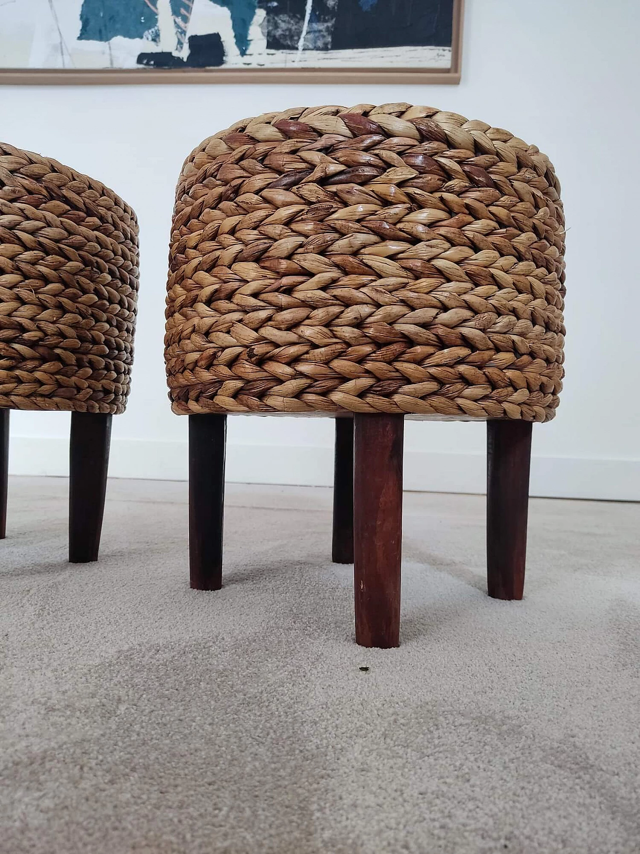 Pair of wood and rope stools in the style of Audoux and Minet, 1950s 5