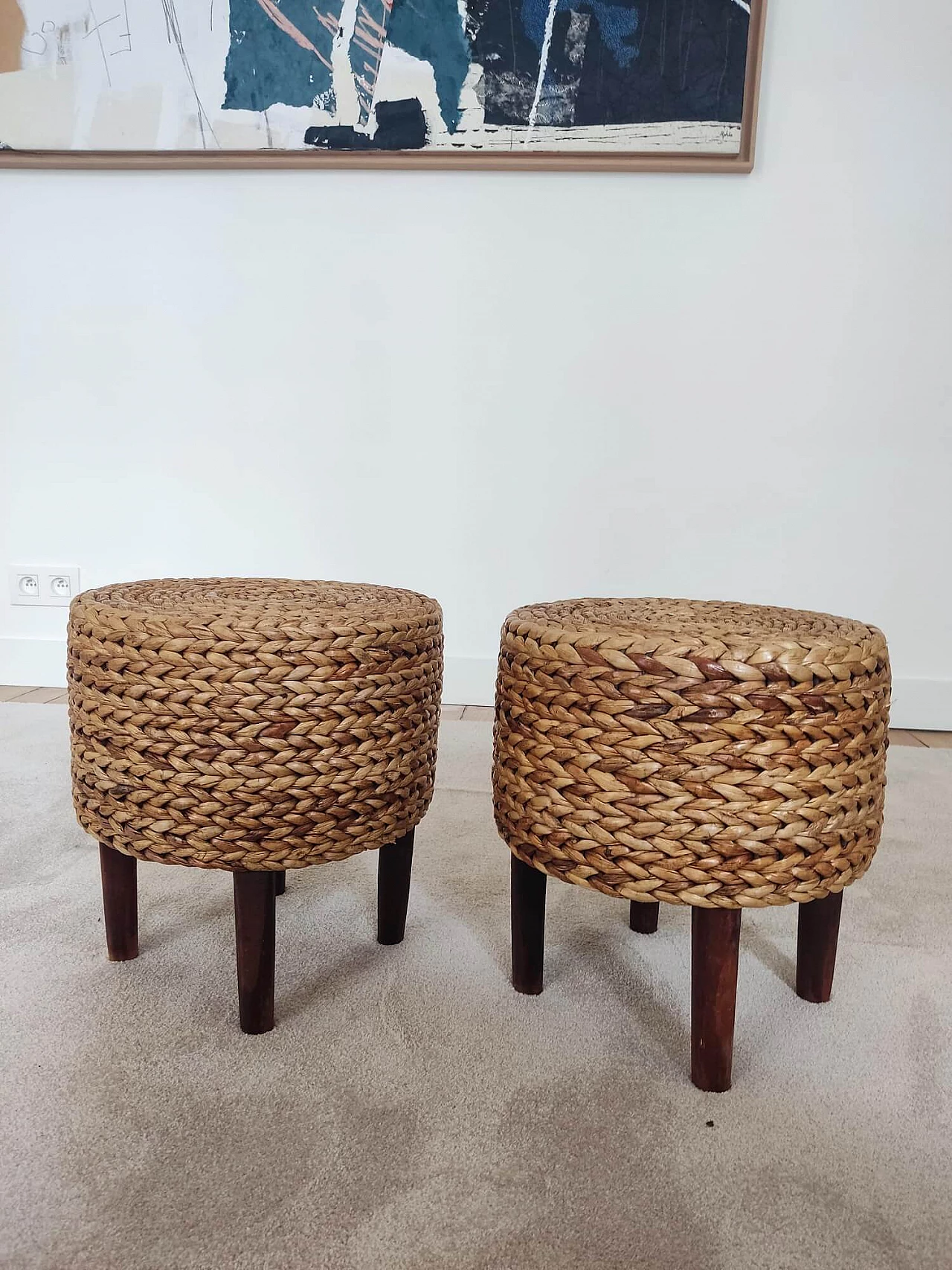 Pair of wood and rope stools in the style of Audoux and Minet, 1950s 6