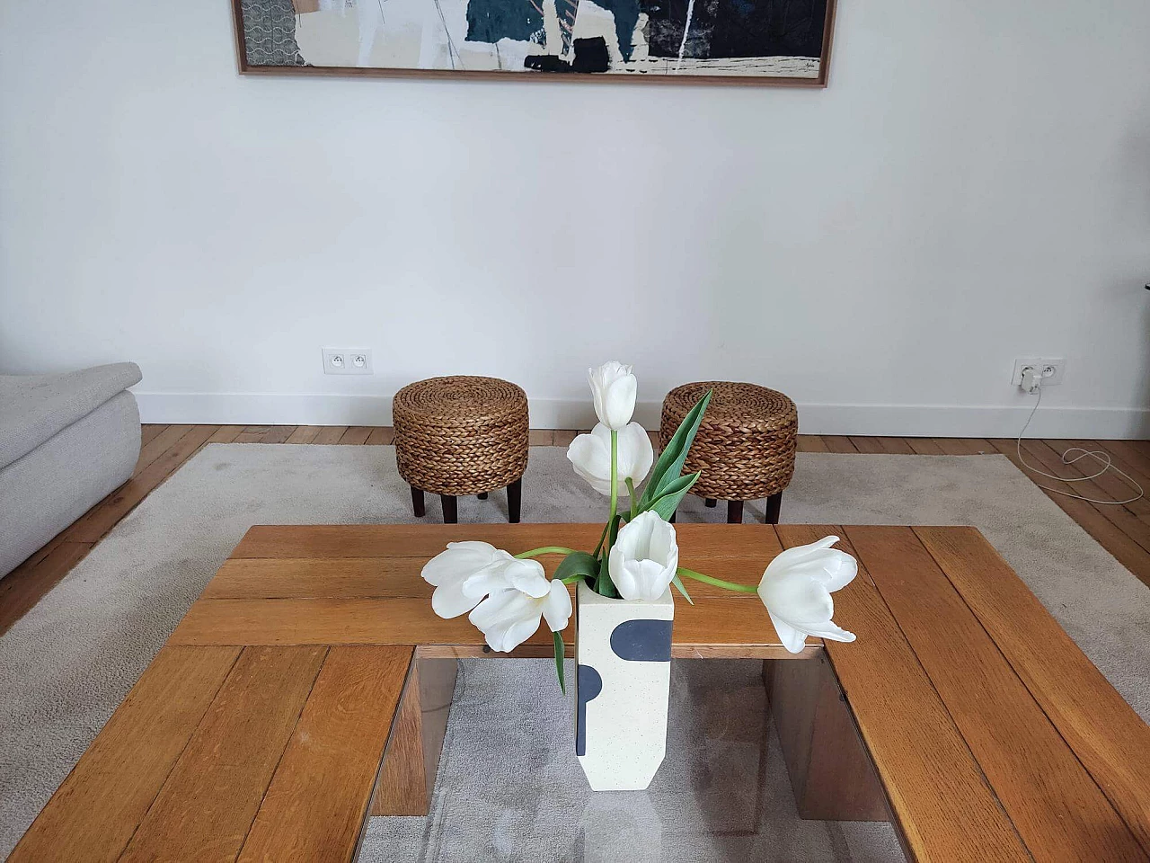 Pair of wood and rope stools in the style of Audoux and Minet, 1950s 11