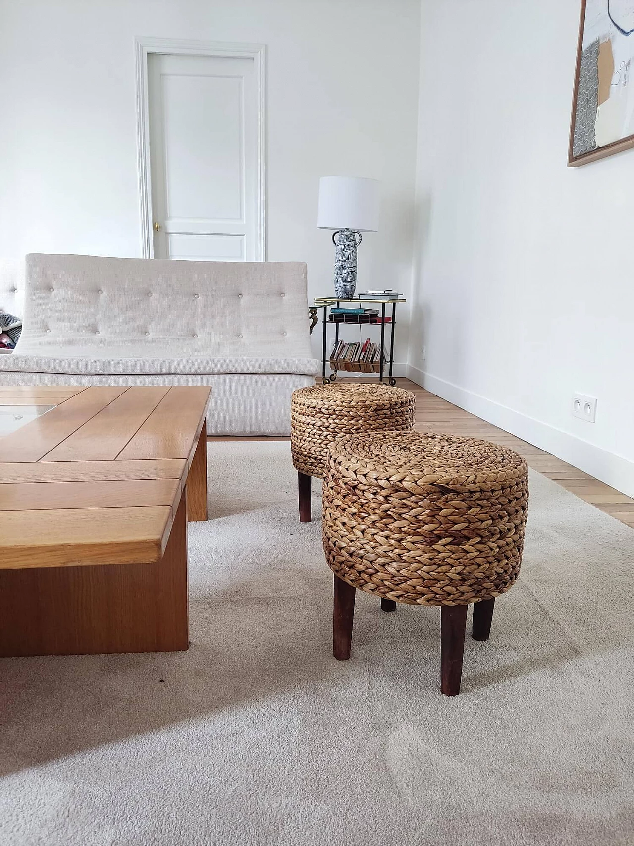 Pair of wood and rope stools in the style of Audoux and Minet, 1950s 12