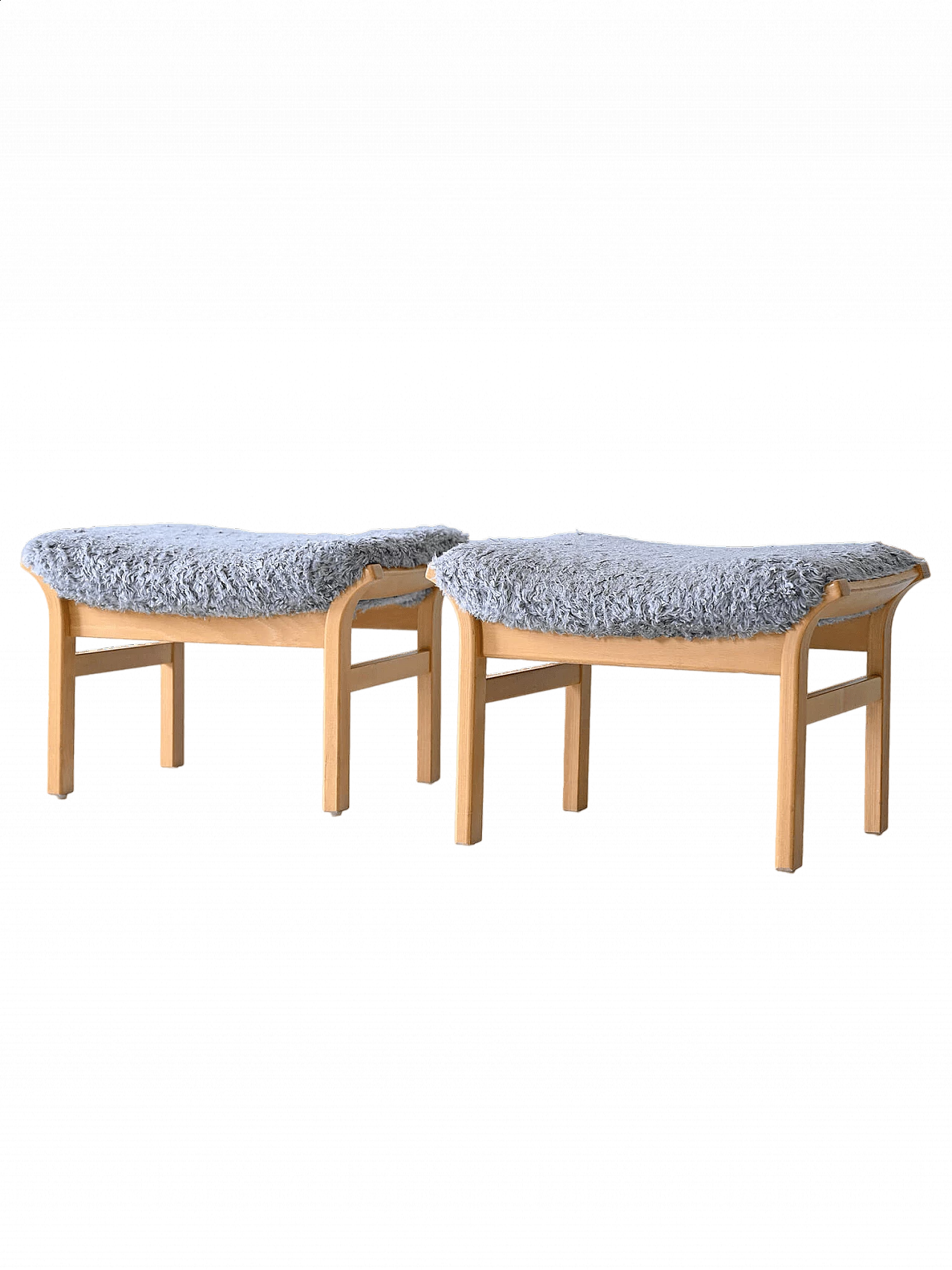 Pair of Scandinavian wood and long pile fabric stools, 1960s 10