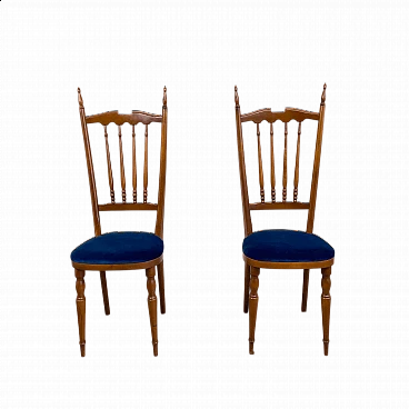 Pair of wooden Chiavarine chairs with blue velvet seat, 1950s