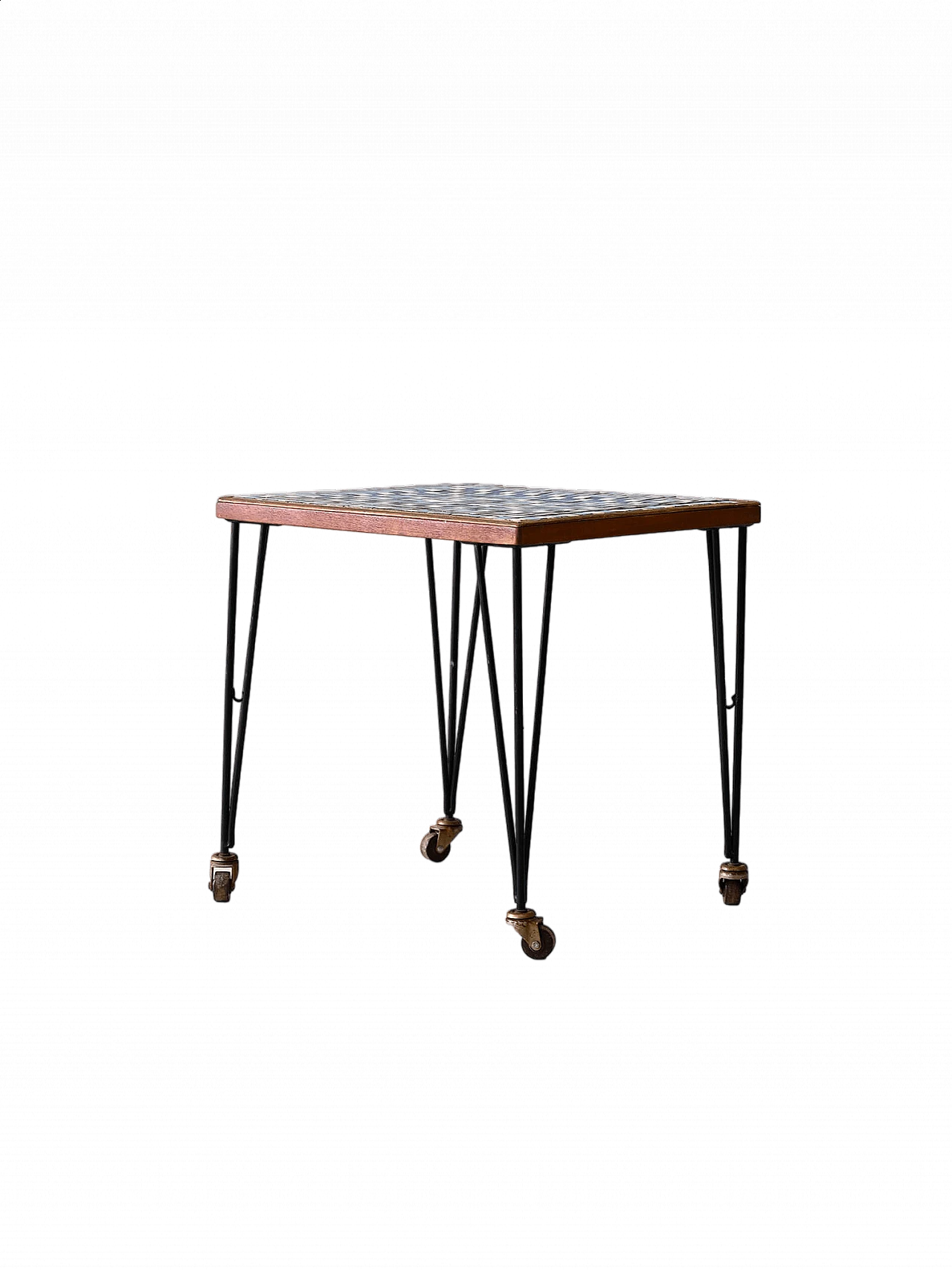 Tavolino scandinavo in metallo con rotelle e piano a mosaico, anni '60 13