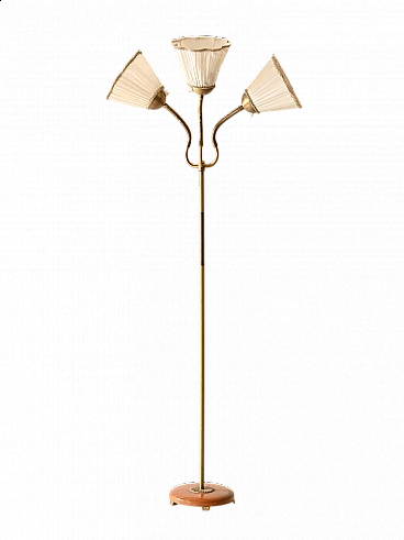 Lampada da terra scandinava a tre luci in metallo, legno e tessuto, anni '60
