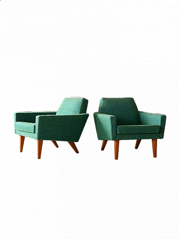 Pair of teak and green fabric armchairs, 1960s