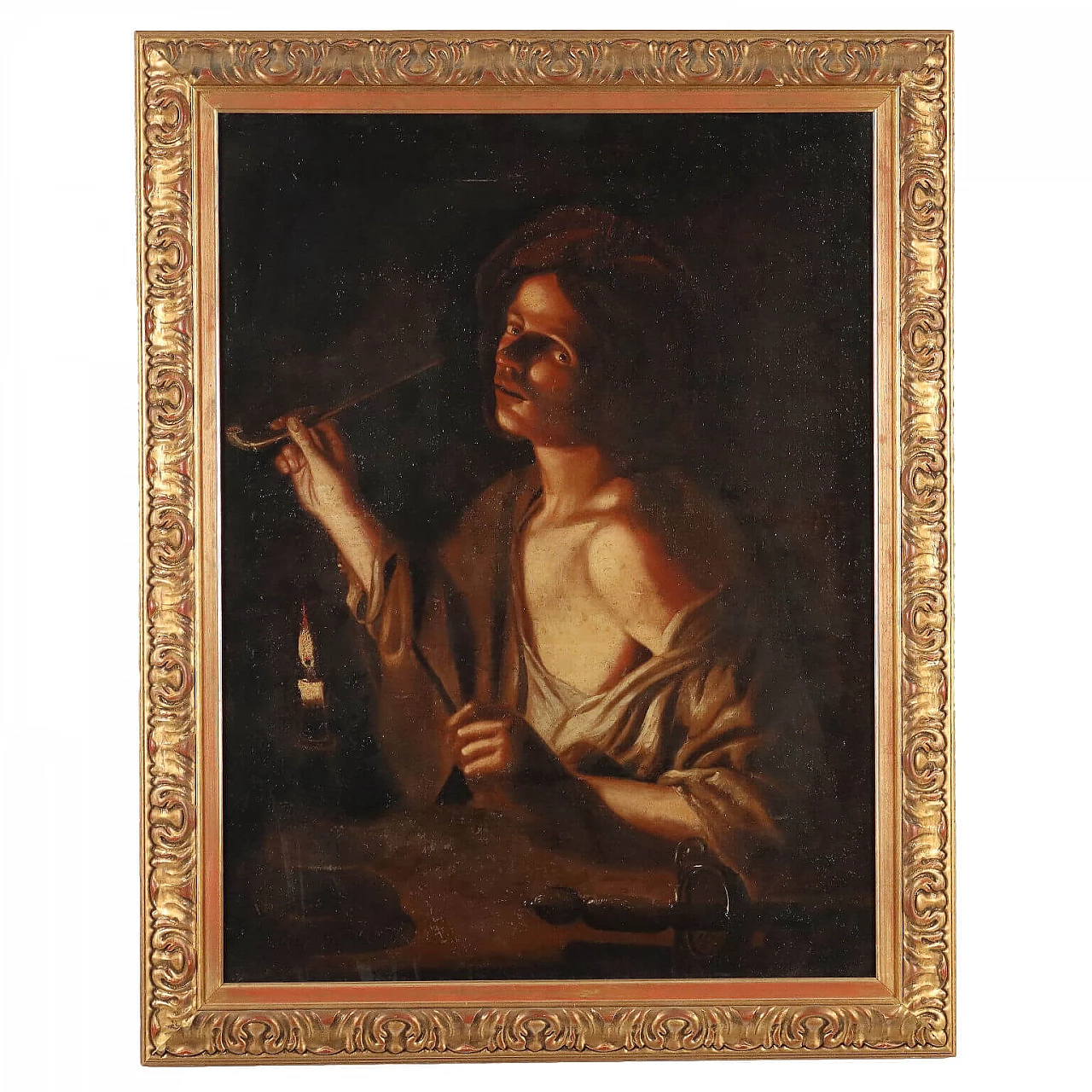 Young man lighting a pipe, oil on canvas, 18th century 1