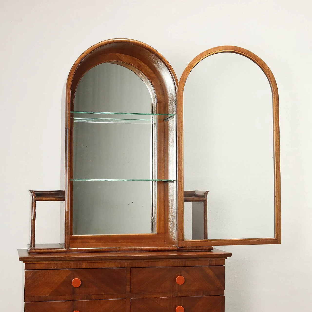 Glass cabinet with mirrored bottom, two shelves and four drawers, 1920s 3