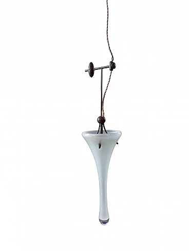 Lampada a sospensione in vetro di Murano bianco, legno e bronzo, anni '60