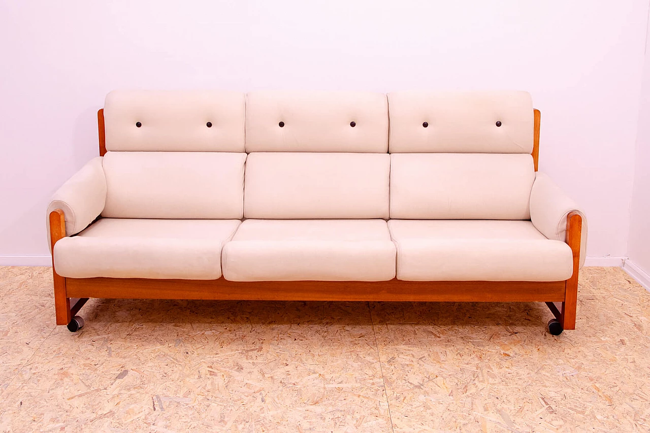 Divano a tre posti in faggio e tessuto con rotelle, anni '70 2
