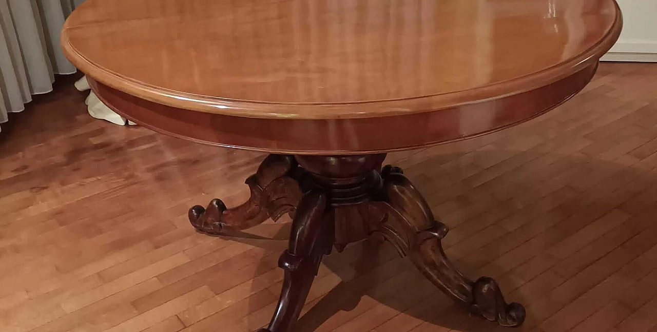 Round extendable walnut veneered wood table, 19th century 2