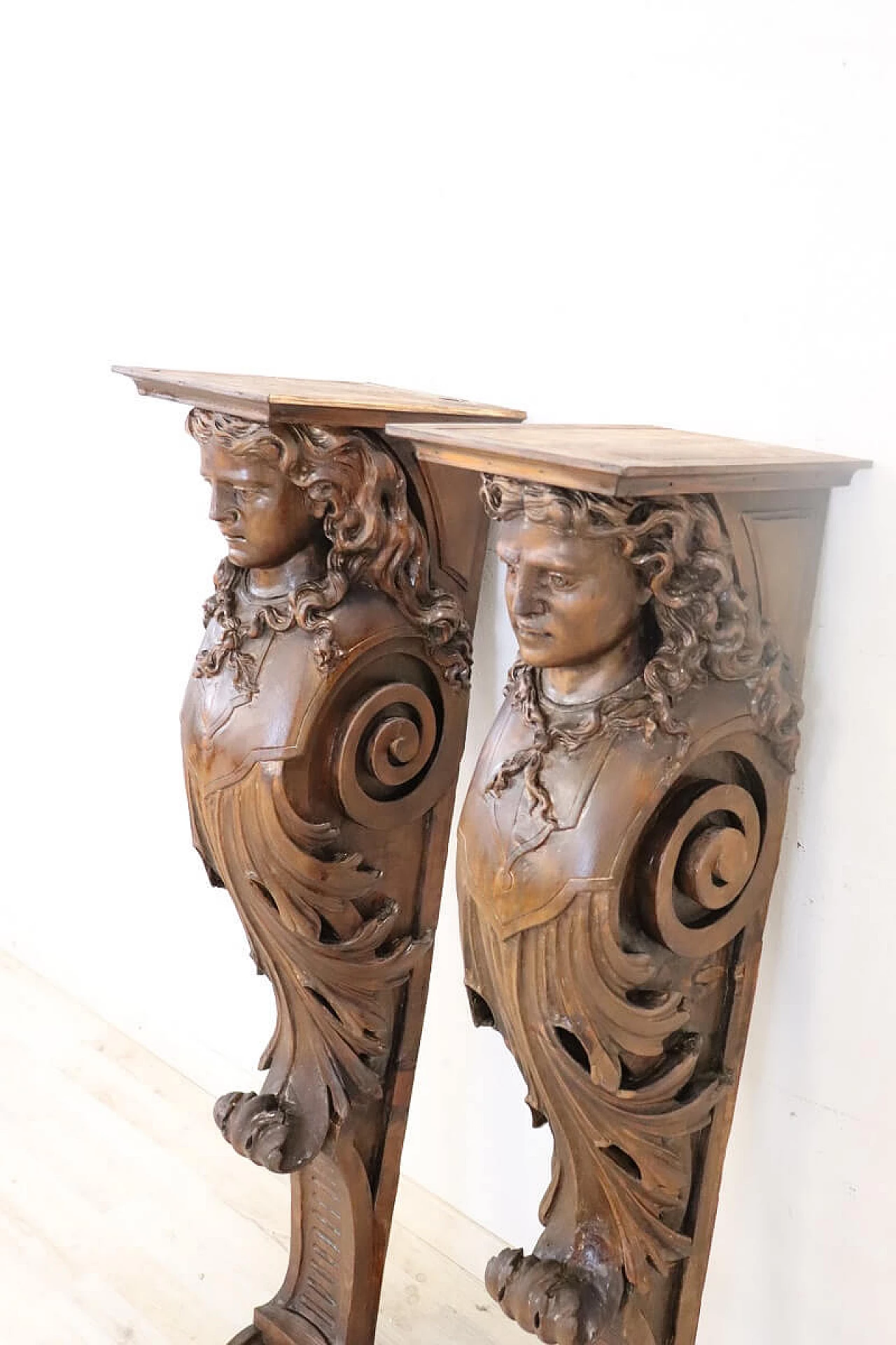 Pair of walnut half pilasters with carved caryatids, early 20th century 2