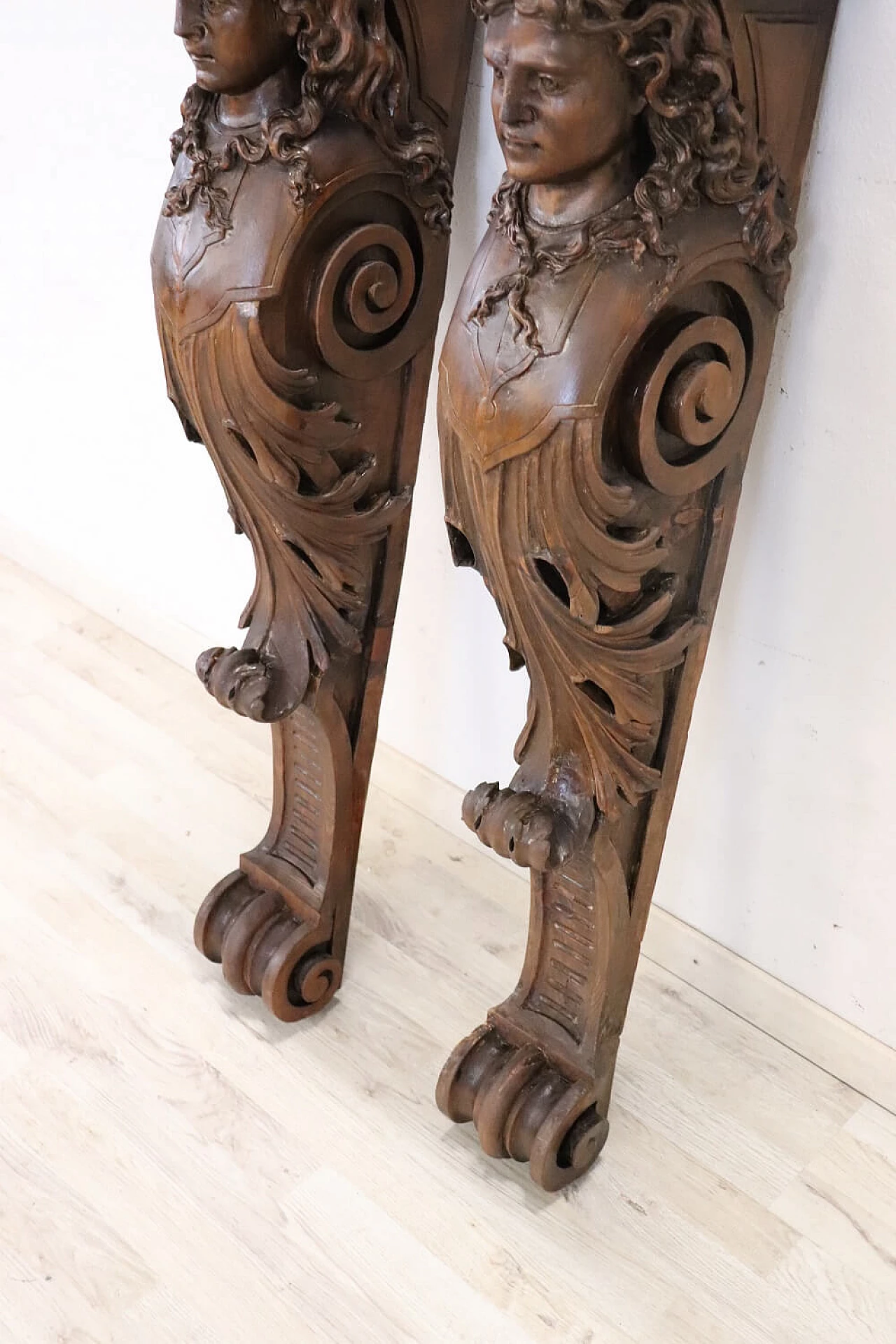 Pair of walnut half pilasters with carved caryatids, early 20th century 3