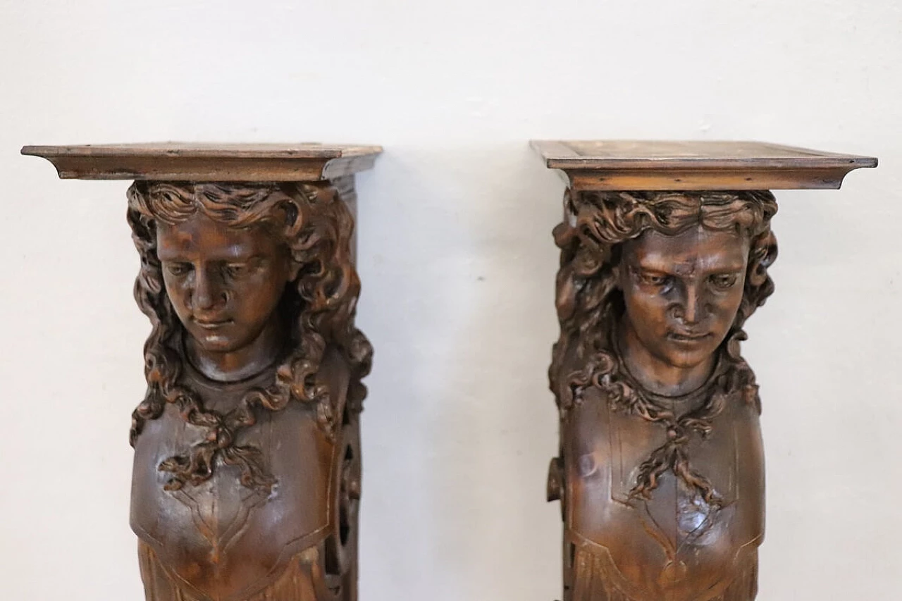 Pair of walnut half pilasters with carved caryatids, early 20th century 4