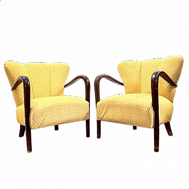 Pair of wooden and fabric shell armchairs by Malatesta & Masson, 1950s