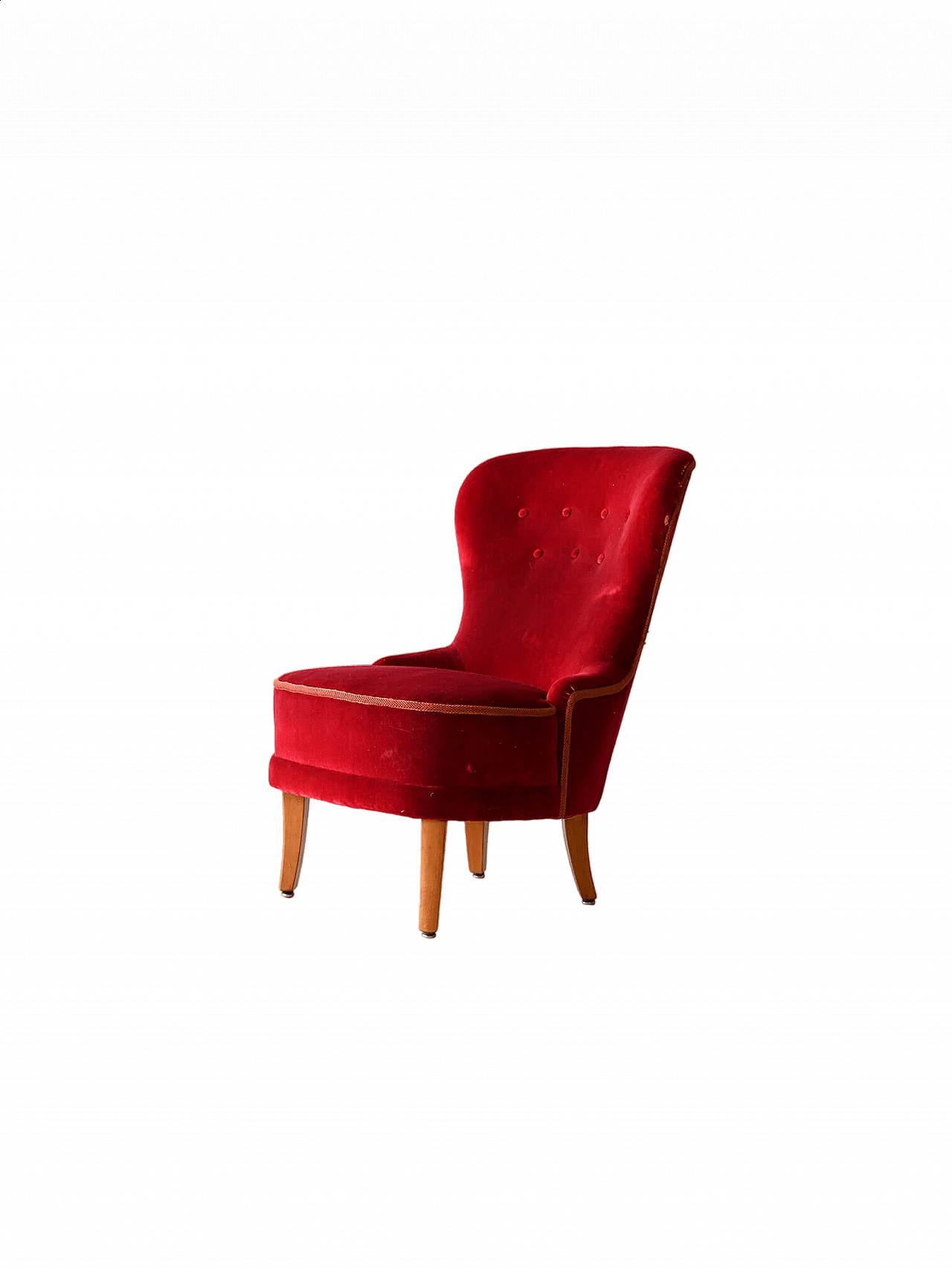 Scandinavian wood and red velvet armchair, 1940s 11