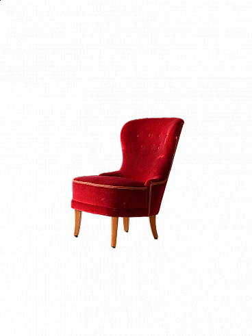 Scandinavian wood and red velvet armchair, 1940s