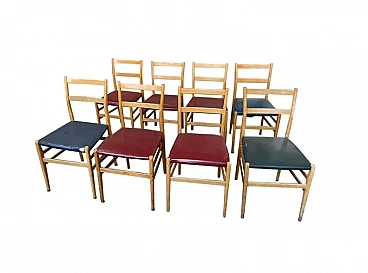 8 Leggera dining chairs in wood and leather by Gio Ponti for Cassina, 1970s