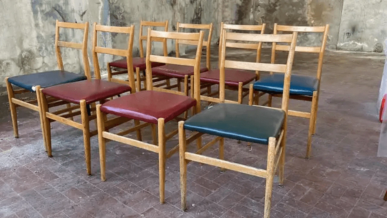 8 Leggera dining chairs in wood and leather by Gio Ponti for Cassina, 1970s 2