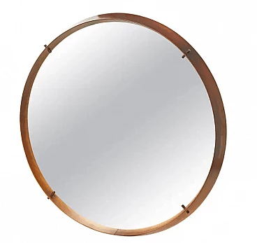 Wood and brass round wall mirror attributed to Cassina, 1960s
