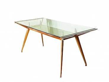 Dining table in beech wood and glass by ISA Bergamo, 1950s