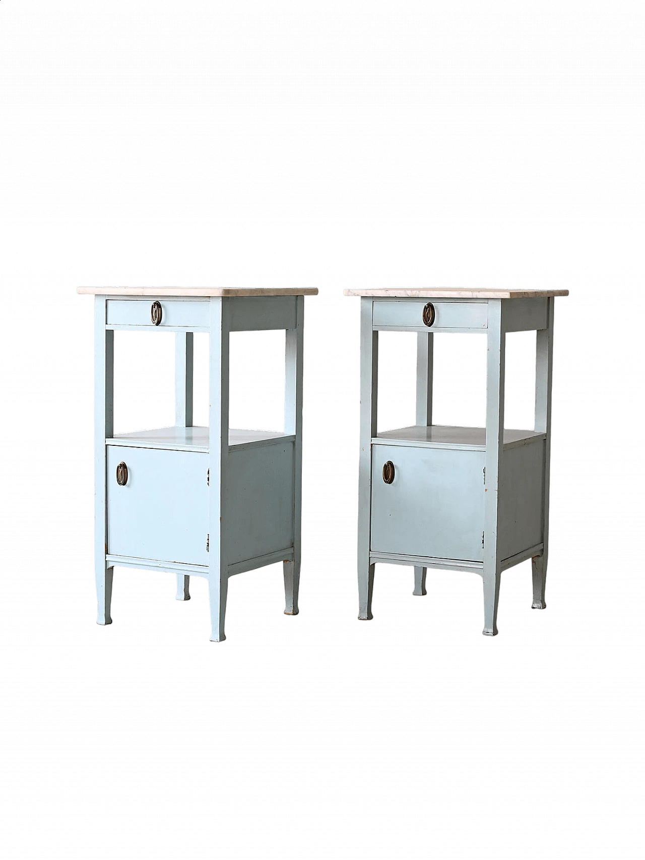 Pair of Deco bedside tables in blue wood with marble top, 1930s 16