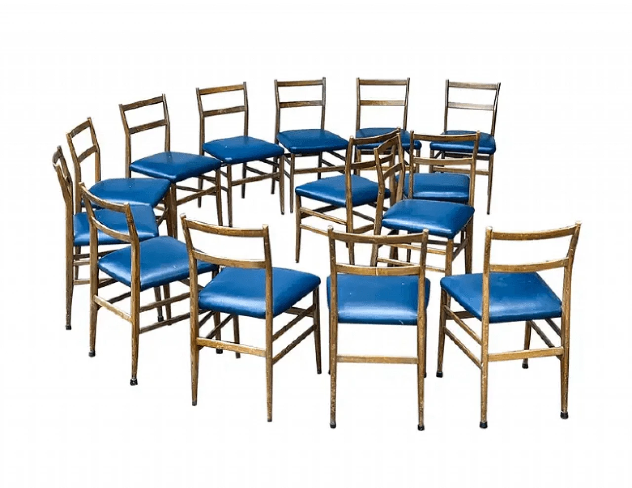 14 Dining chairs in wood and blue leather by Gio Ponti, 1970s 1