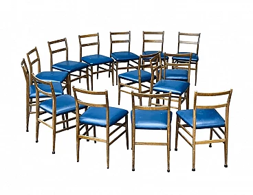 14 Dining chairs in wood and blue leather by Gio Ponti, 1970s