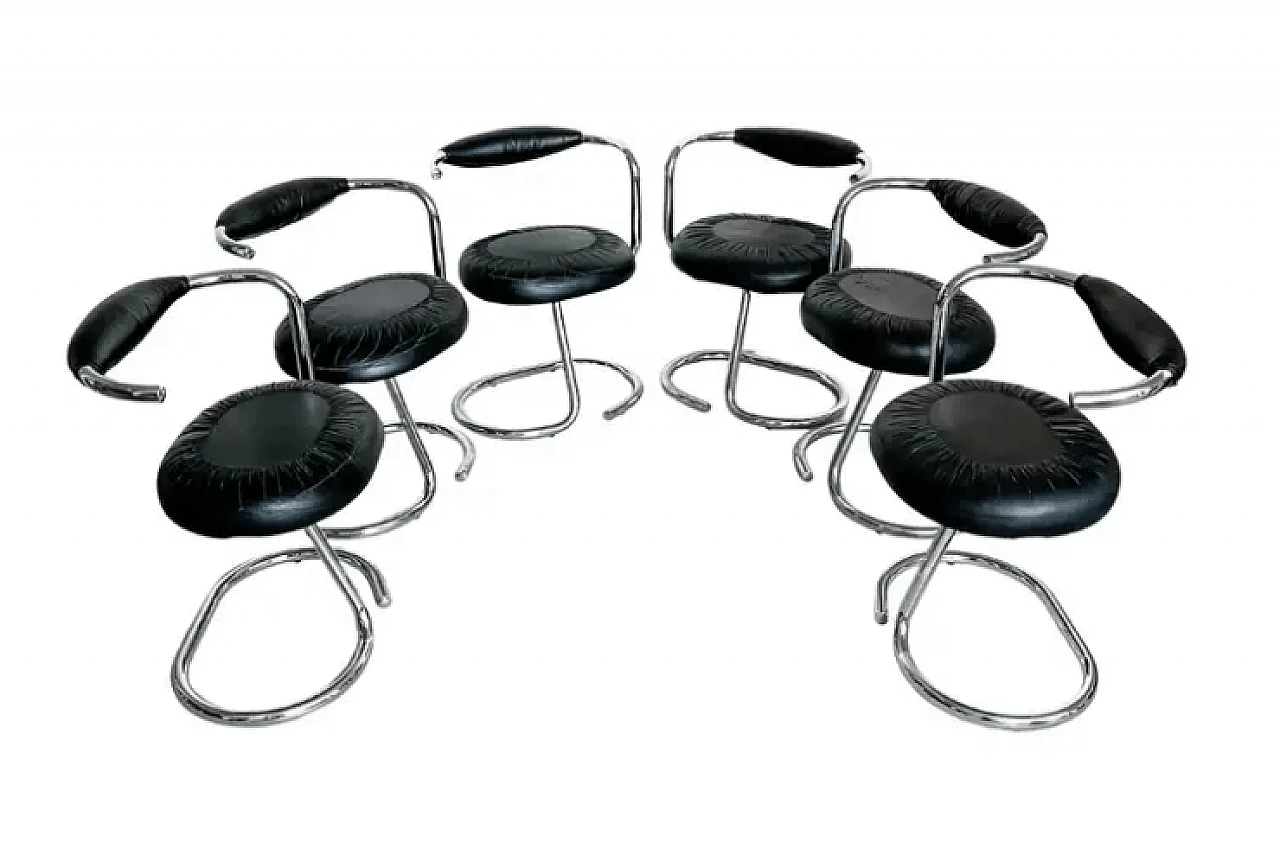 6 Cobra chrome-plated dining chairs in black leather by Giotto Stoppino, 1970s 1