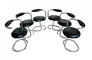 6 Cobra chrome-plated dining chairs in black leather by Giotto Stoppino, 1970s