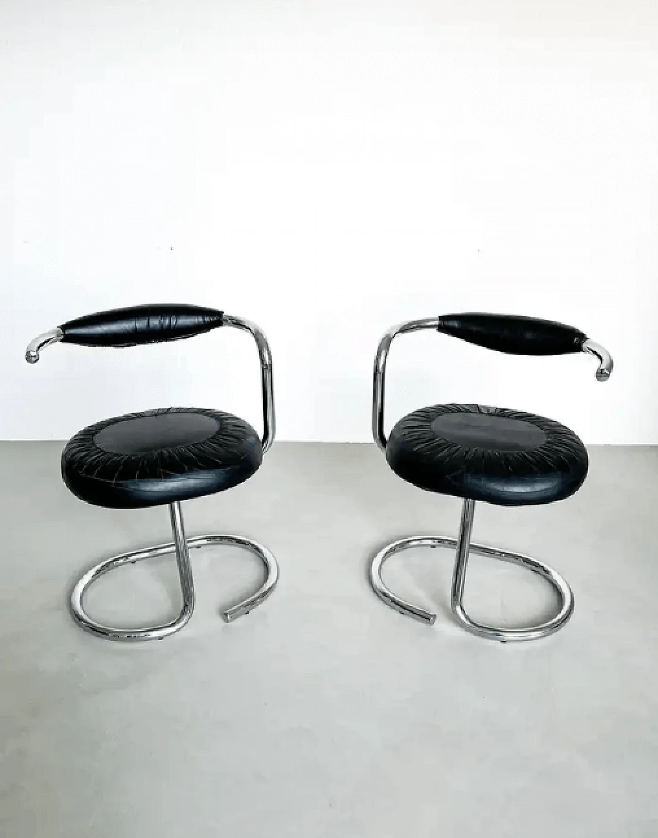 6 Cobra chrome-plated dining chairs in black leather by Giotto Stoppino, 1970s 5