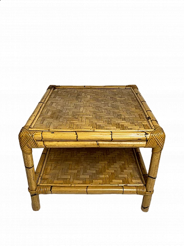Square bamboo coffee table with double shelf, 1960s