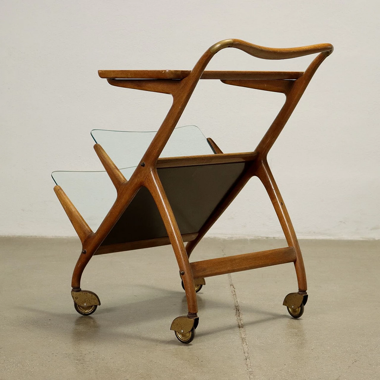 Bar cart 65 in stained wood, glass and brass by Ico Parisi for Angelo de Baggis, 1950s 8