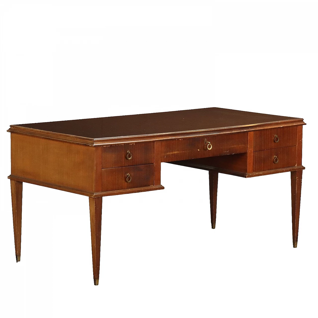 Mahogany veneered wood desk with back-treated glass top, 1950s 1