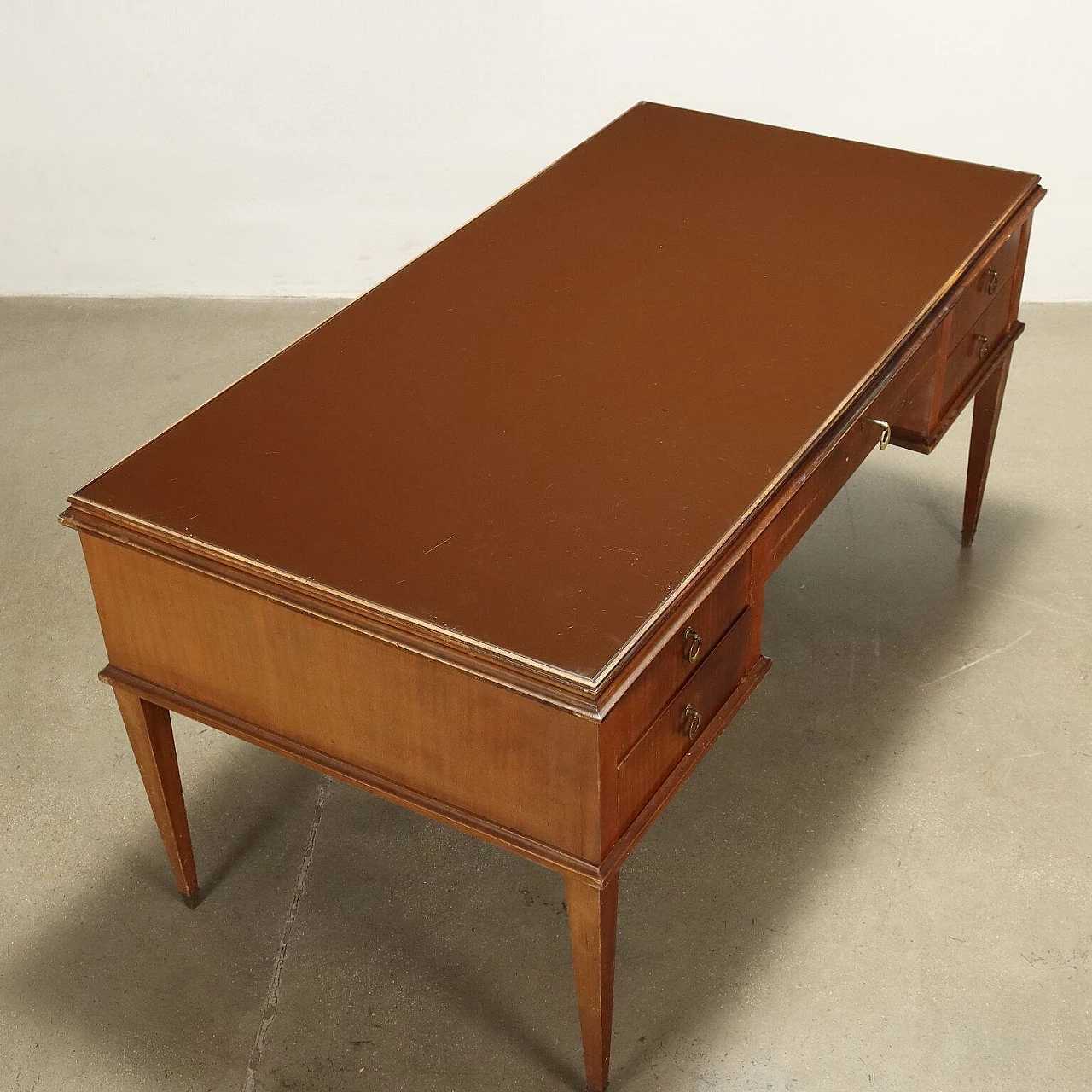 Mahogany veneered wood desk with back-treated glass top, 1950s 7