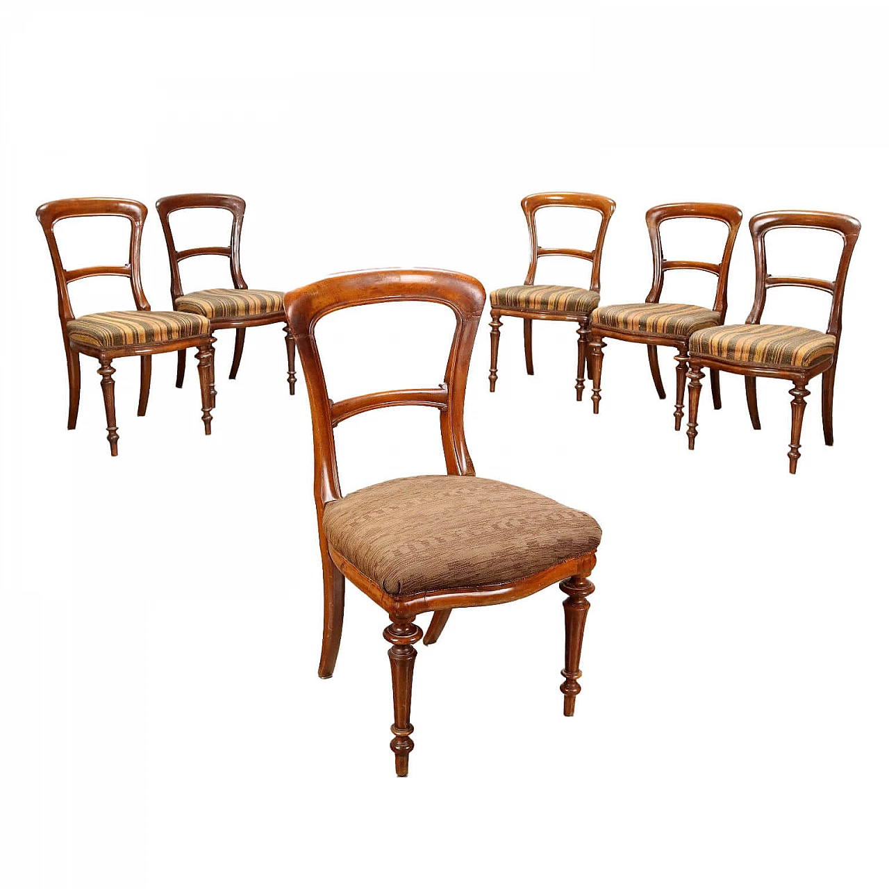 6 Chairs in walnut and fabric, second half of the 19th century 1