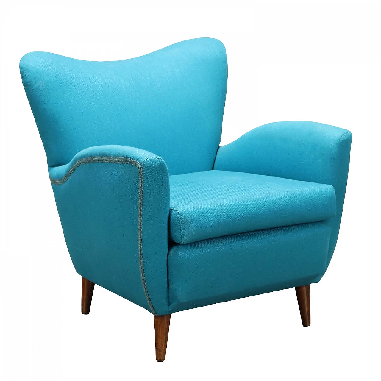 Wood and light blue fabric armchair, 1950s 1
