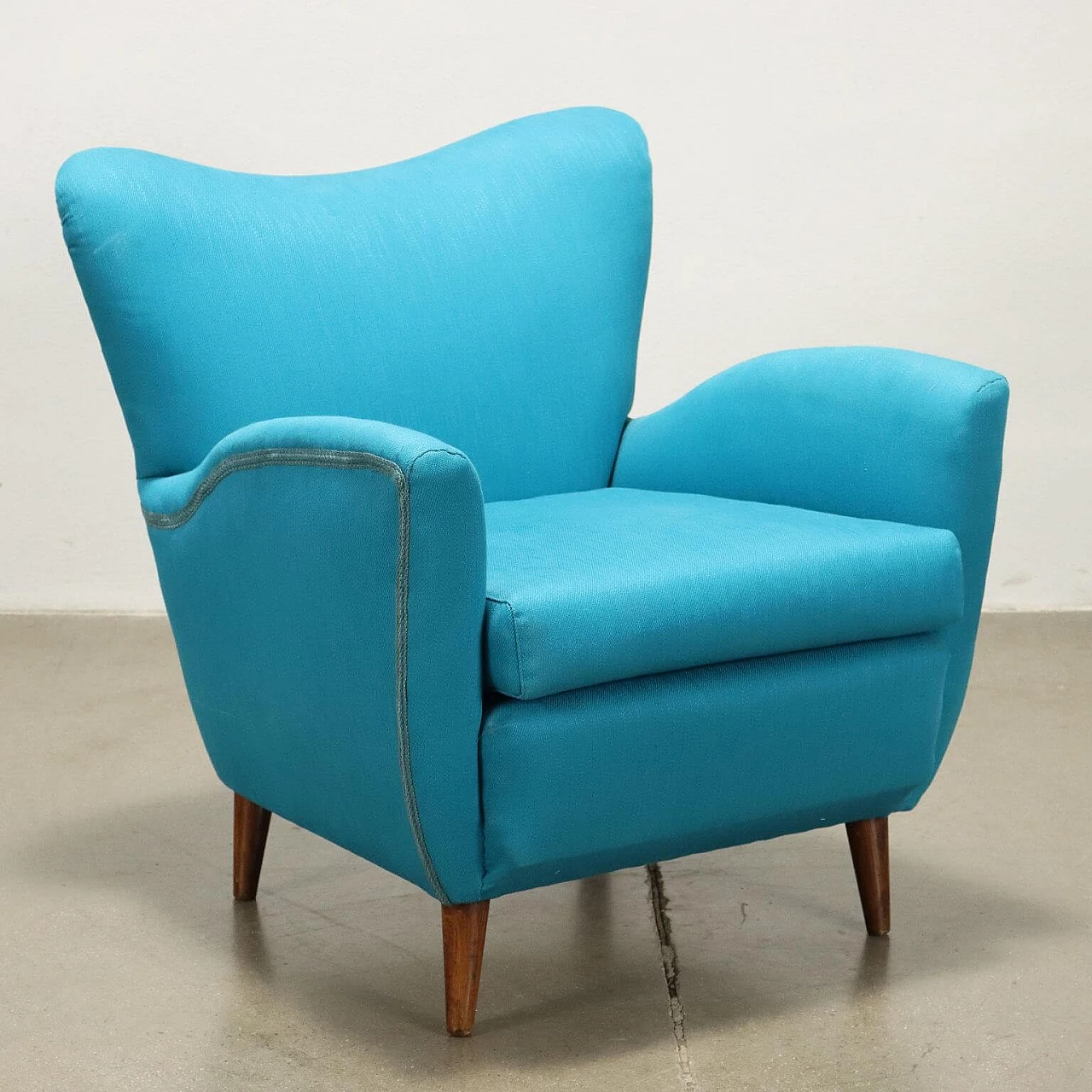 Wood and light blue fabric armchair, 1950s 2