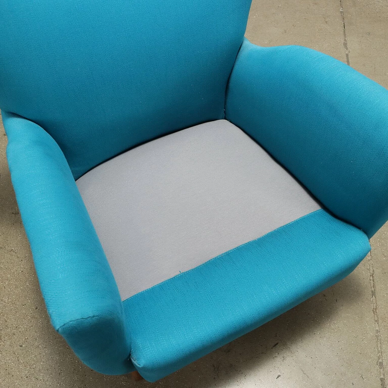 Wood and light blue fabric armchair, 1950s 9
