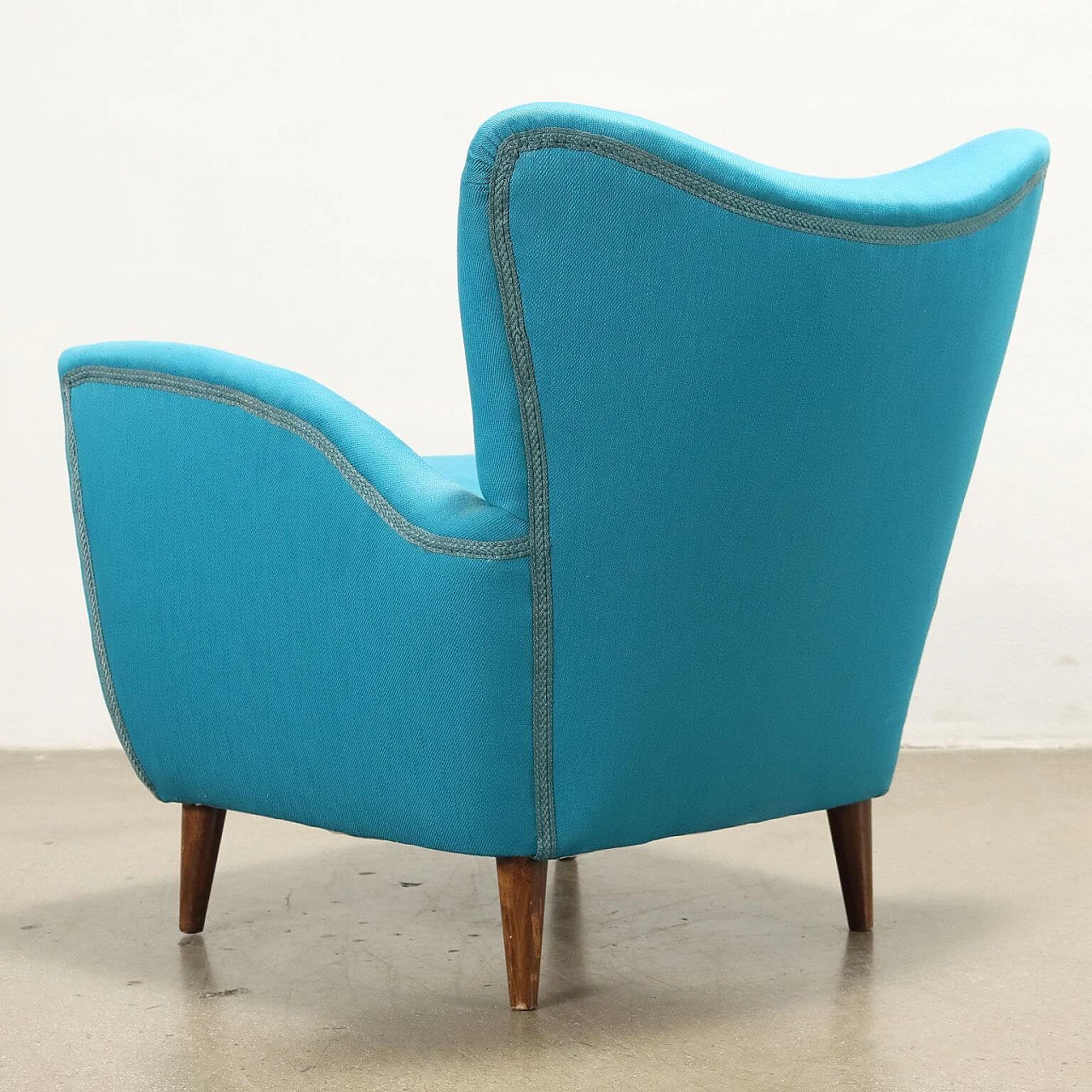 Wood and light blue fabric armchair, 1950s 10