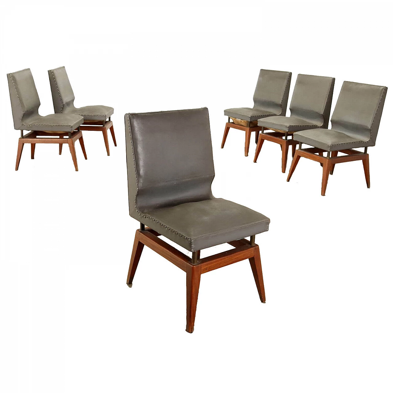 6 Argentine chairs in mahogany, brass and gray skai, 1950s 1