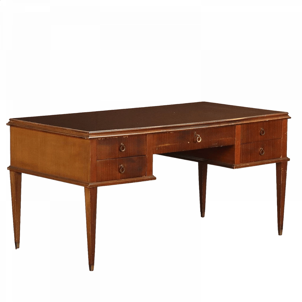 Mahogany veneered wood desk with back-treated glass top, 1950s 9