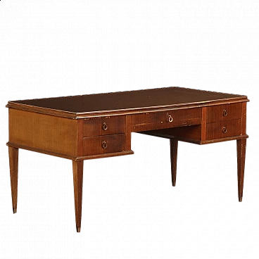 Mahogany veneered wood desk with back-treated glass top, 1950s