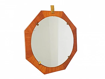 Specchio da parete ottagonale in teak e ottone, anni '60