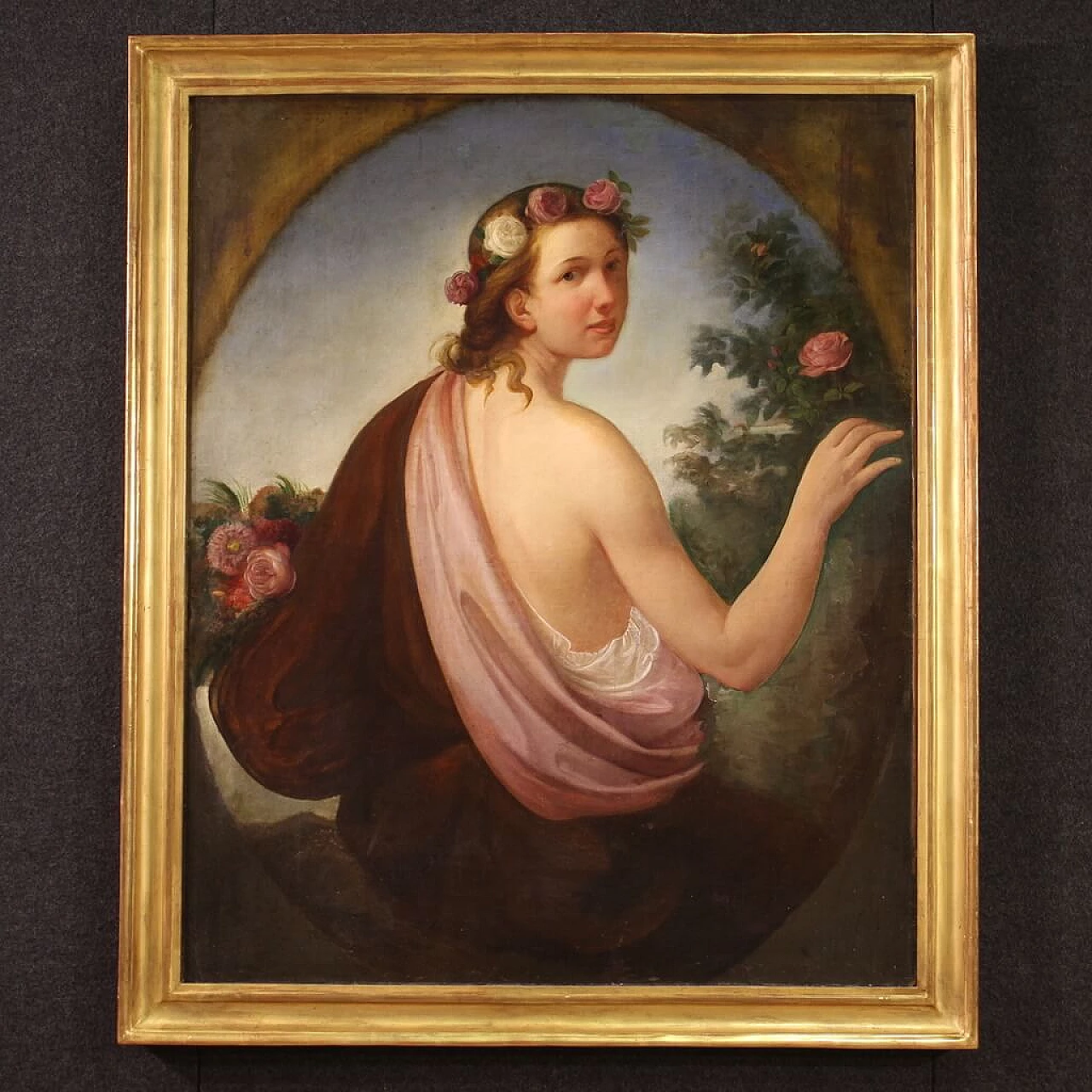 Young girl portrait in a flowered garden, oil painting on canvas, first half of the 19th century 1