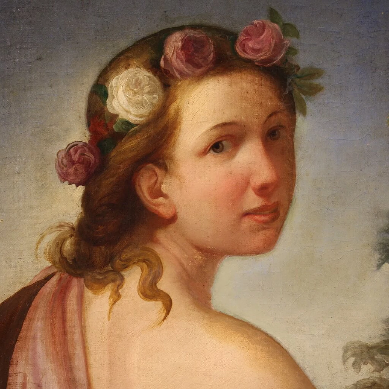 Young girl portrait in a flowered garden, oil painting on canvas, first half of the 19th century 7
