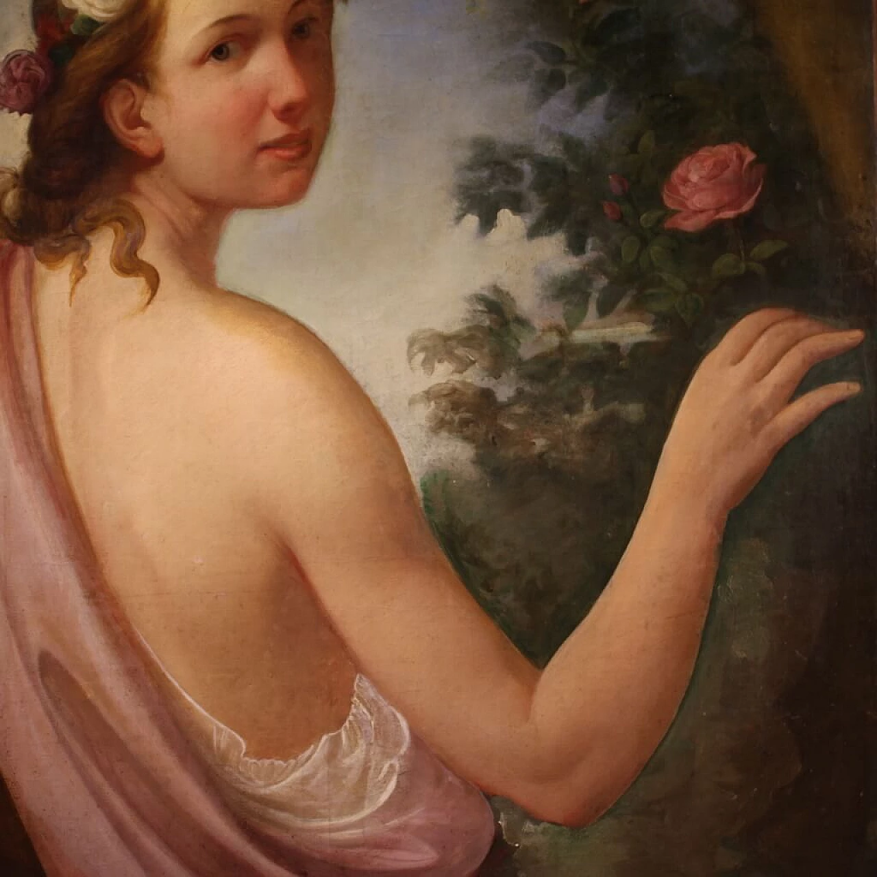 Young girl portrait in a flowered garden, oil painting on canvas, first half of the 19th century 8