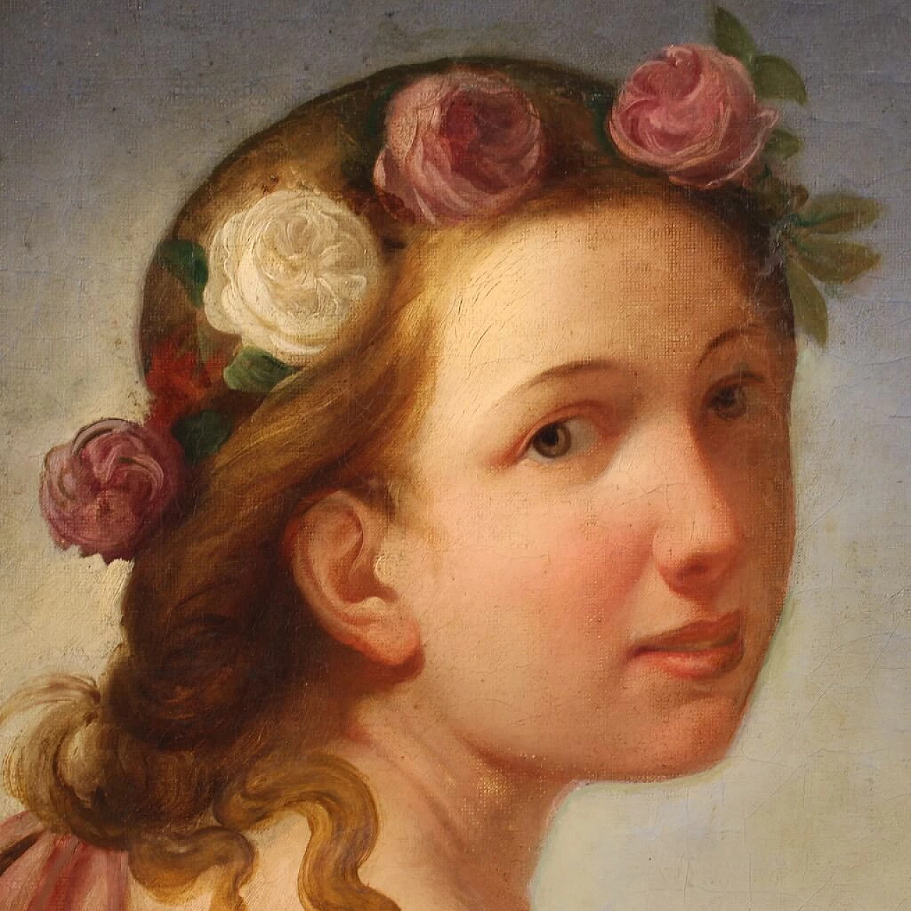 Young girl portrait in a flowered garden, oil painting on canvas, first half of the 19th century 10
