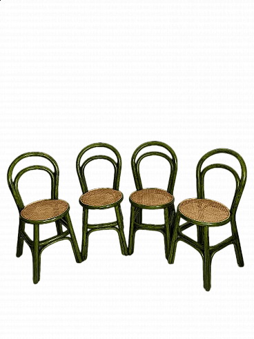 4 Chairs in green wood and woven straw, 1970s