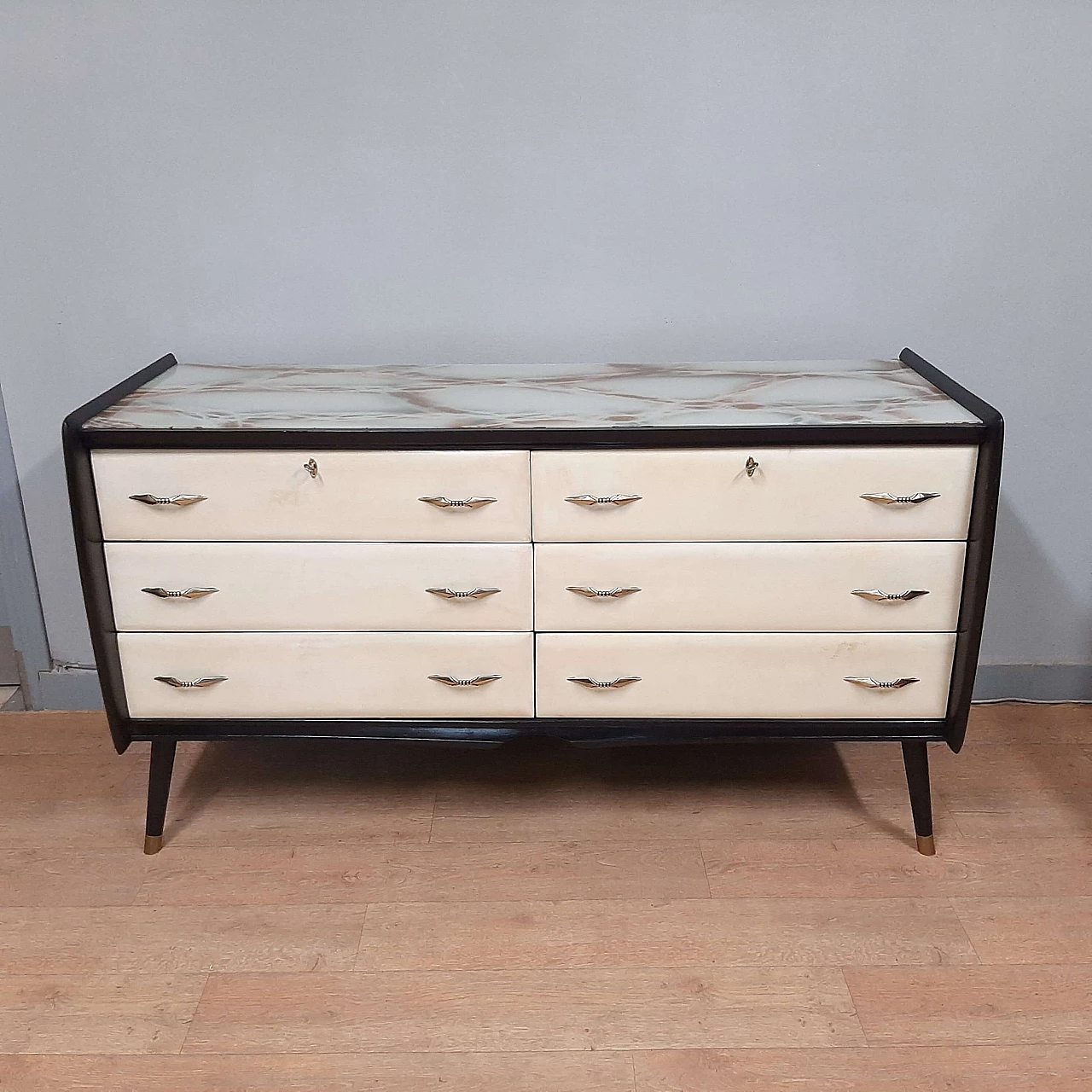 Black lacquered wood, parchment and marbled glass dresser, 1950s 1