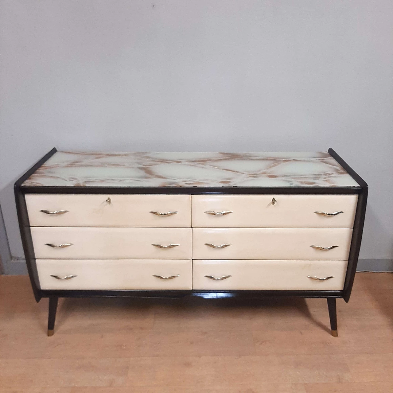 Black lacquered wood, parchment and marbled glass dresser, 1950s 2